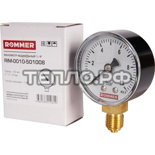 Манометр 0-10бар д.50мм 1/4" радиальный Rommer