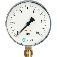 Манометр 0-10бар д.100мм 1/2" радиальный STOUT Манометр 0-10бар д.100мм 1/2" радиальный STOUT