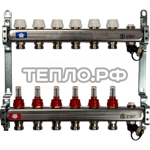 Коллекторная группа с расходомерами на 11 выход. Stout 1"x3/4 EK маевский+слив