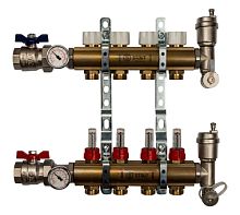 Коллекторная группа с расходомерами на  4 выход. Stout 1"x3/4 EK с кранами, термометрами, латун
